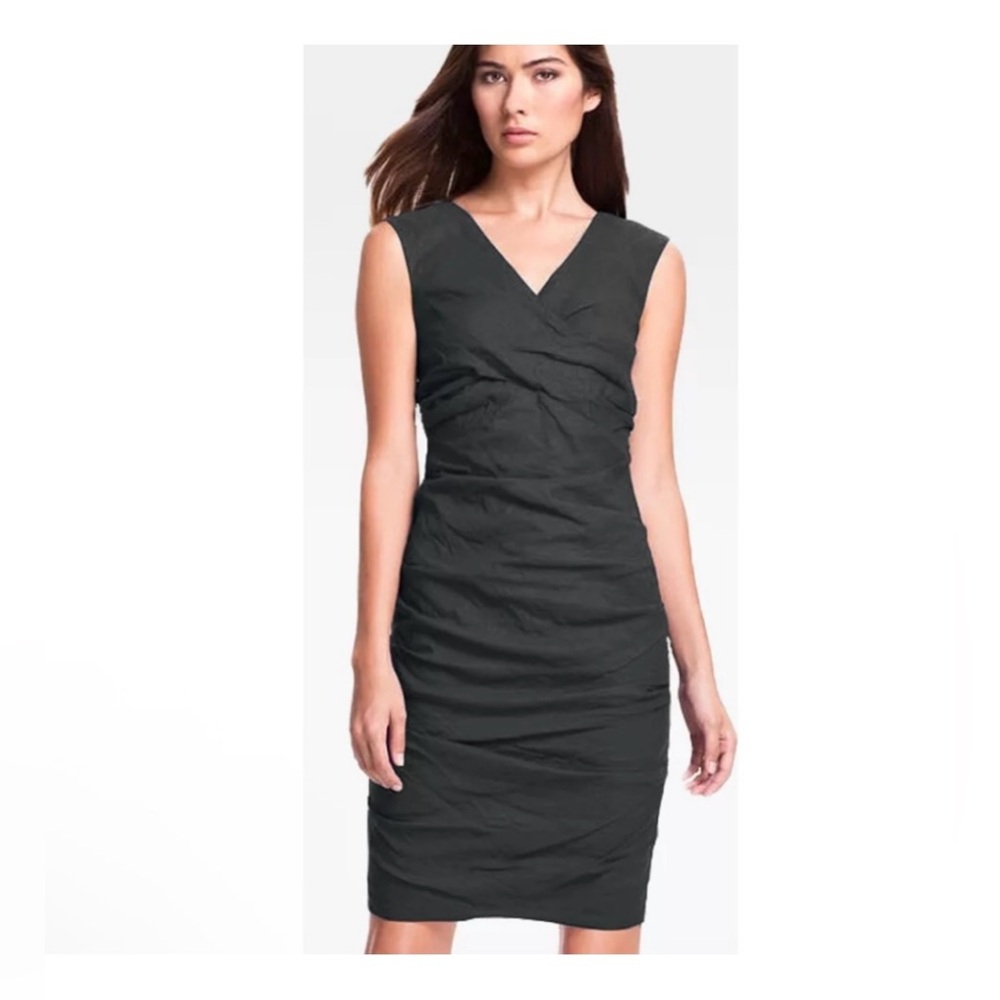 Eileen Fisher Ruched V-Neck Sleeveless Summer Little Black Mini Dress Size S